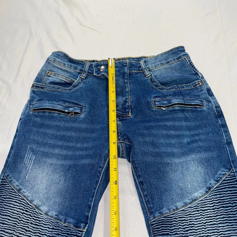 Mens Blue Moto Biker Jeans Slim Fit Ribbed Knee Zipper Detail Size 28x30